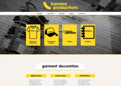 Web Design for Banana Productions, Digital Print, Screen Print, Embroidery, DTF, Heat Transfer Services.